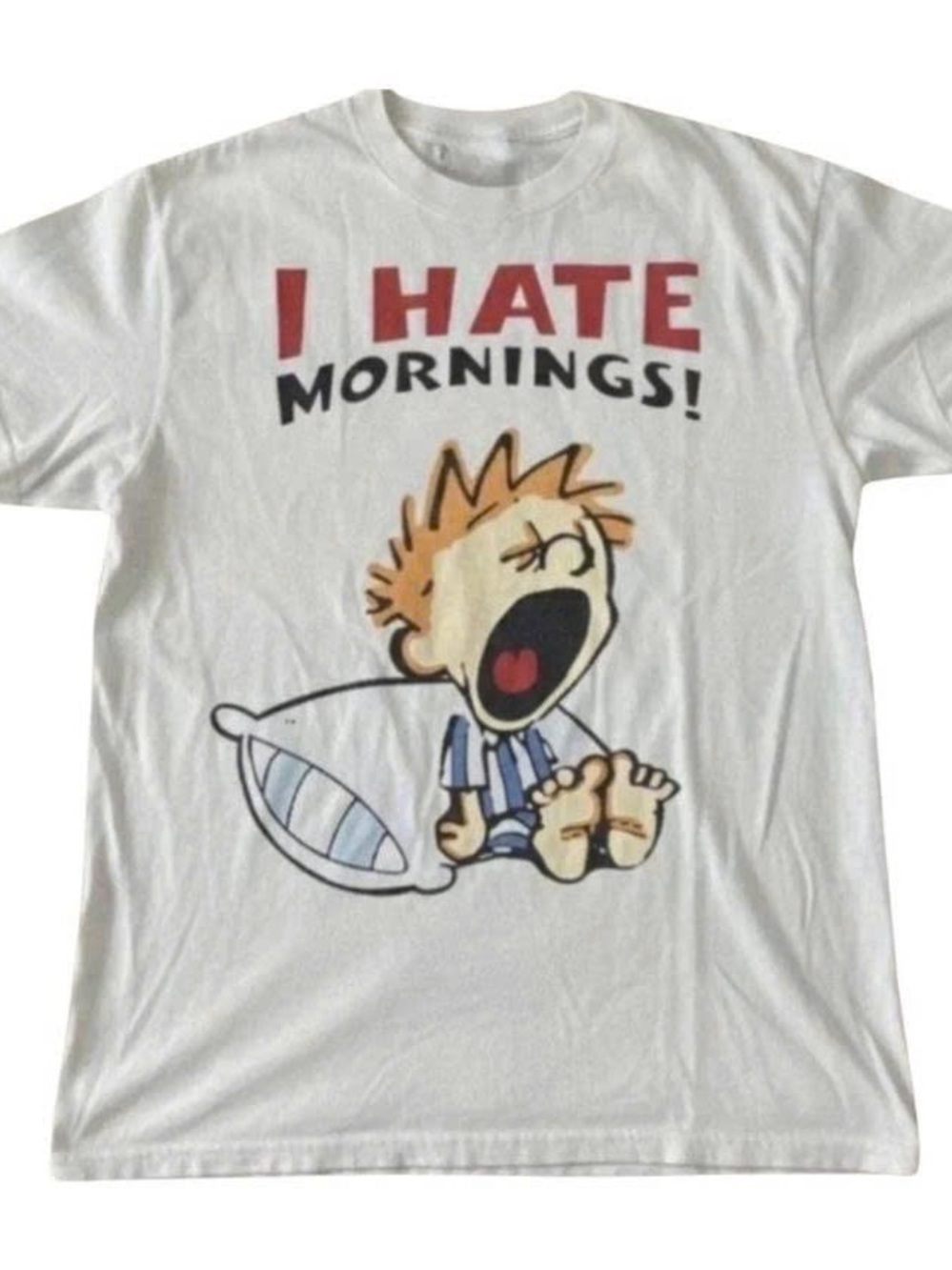 Gildan White Short-Sleeve Graphic Tee - 'I Hate Mornings' with Cartoon Print